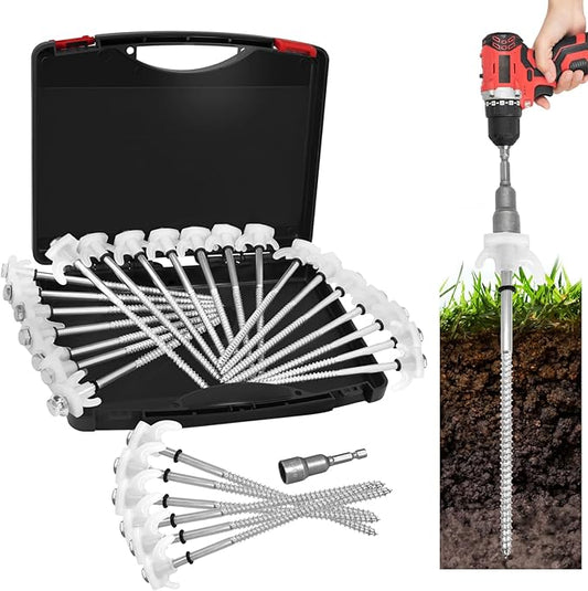 30 Pack 8" Screw in Tent Stakes Heavy Duty- Ground Anchors Screw- Tent Pegs Camping Stakes- Hex Pegs Drillable Tent Stakes and Hexagon Head Drive and Storage Box (White)