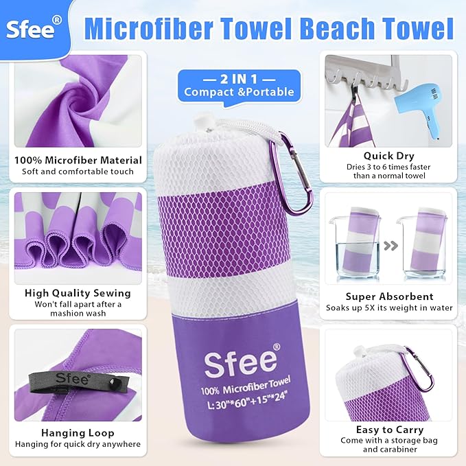 Sfee 2 in 1 Microfiber Oversized Beach Towel, Quick Dry Towel Travel Towel Camping Towel Super Absorbent Compact Lightweight Sports Towel Gym Towel for Beach,Gym, Hiking, Pool, Backpacking, Bath, Yoga