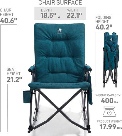 EVER ADVANCED Oversized Folding Rocking Camping Chair, Padded Portable Rocker Chair for Patio, Lawn and Outdoors, Heavy Duty Hard Armchair for Adults Supports 400lbs, Green