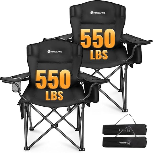 FUNDANGO Oversized Camping Chair for Adults, 2 Pack, Heavy Duty Foldable Portable Lawn Chair with Padded Seat & Back, Lumbar Support, 4-can Cooler & Cup Holder, Carry Bag Included for Outdoor (Black)