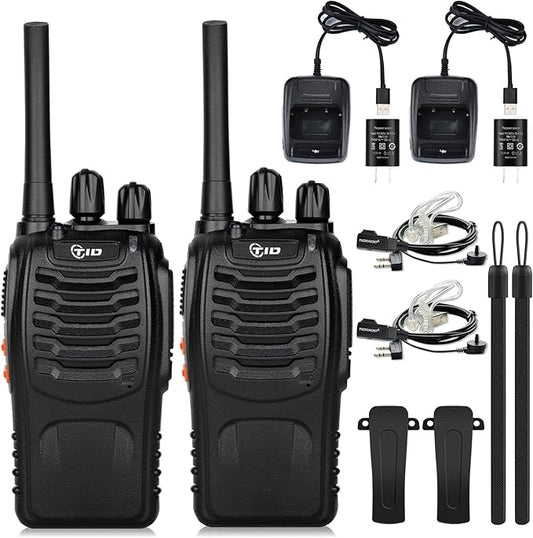 TIDRADIO TD-V2 Walkie Talkies for Adults Long Range, Rechargeable Two Way Radio Earpiece with MIC,16 Channels Handheld Walkie-Walkie(2 Pack, Black)
