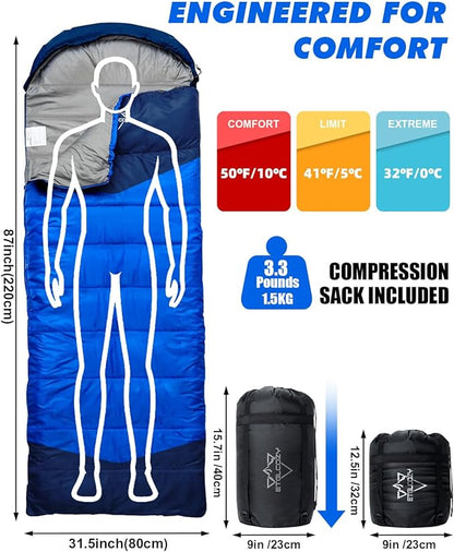 Sleeping Bag for Adults Cold Weather & Warm, Lightweight Backpacking Camping Hiking Essentials Gear for Kids 10-12 Girls Boys Compact w/Compression Sack Indoor Outdoor Sleep Must Haves