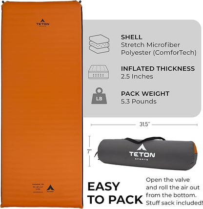 Teton Self Inflating Sleeping Pad, Inflatable Camping Sleeping Pads, Compact Mat for Camping, Backpacking, and Hiking.