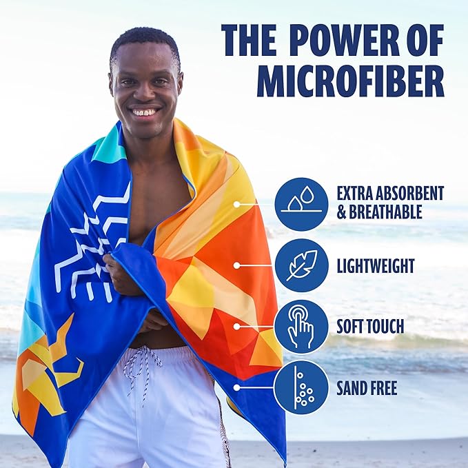 SUN NINJA Microfiber Beach Towel - Sand Free, Quick Dry, Lightweight & Compact for Beach, Pool, Yoga and Camping - 63x32 inch Super Absorbent, Large Sand Free Swim Towels for Adults and Kids