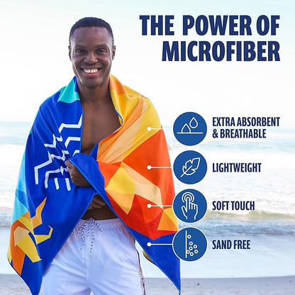 SUN NINJA Microfiber Beach Towel - Sand Free, Quick Dry, Lightweight & Compact for Beach, Pool, Yoga and Camping - 63x32 inch Super Absorbent, Large Sand Free Swim Towels for Adults and Kids