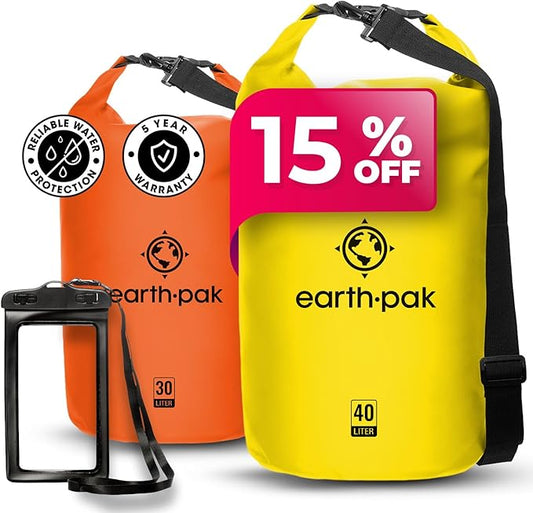Earth Pak Waterproof Dry Bag - Roll Top Waterproof Backpack Sack (Yellow 40L & Orange 30L)