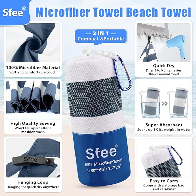 Sfee 2 in 1 Microfiber Travel Towel, Quick Dry Towel Camping Towel Beach Towel Super Absorbent Compact Lightweight Sports Towel Gym Towel Set for Gym, Hiking, Pool, Bath, Yoga (Small: 32''x16'')
