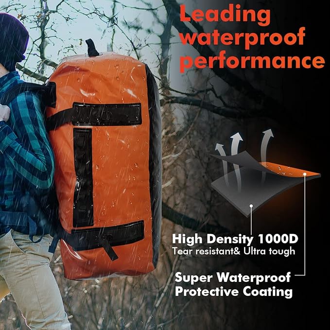 Buffalo Gear Waterproof Duffle Bag 120L Large Adventure Bag with Backpack Straps for Travel Hunting Camping Boating Kayaking Motorcycling Fishing