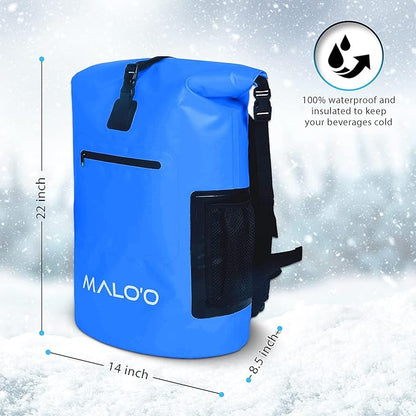Malo'o Backpack Cooler Bag Holds 24 cans or 18 Bottles and ice - Roll-Top Soft Cooler for Kayaking, Camping, Beach, Fishing, Hiking Daypack & Travel Gear - Closed-Cell Insulation Cooler Backpack