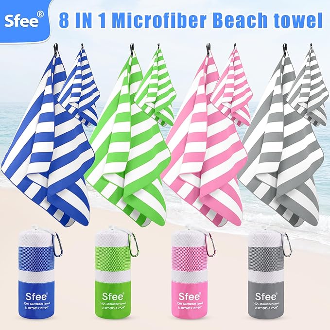 Sfee 4 Pack(8Pcs) Microfiber Travel Towel, Beach Towel Quick Dry Towel Camping Towel Super Absorbent Compact Lightweight Sports Towel Gym Towel for Beach, Gym, Hiking, Pool, Backpacking, Bath, Yoga