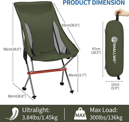 SHALLWE Camping Chairs, All Aluminum Frame Portable Folding Camp Chair for Adults, Heavy Duty High Back Collapsible with Built-in Pillow, Side Pocket, Carry Bag for Backpacking, Hiking, Beach