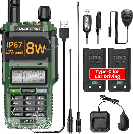 BAOFENG UV-9R Pro 8W Ham Radio Long Range Handheld Dual Band Tri- Power Waterproof Rechargeable Walkie Talkies with Programming Cable,Speaker Mic and Type-C Charging Cable for Hunting Survival Gear