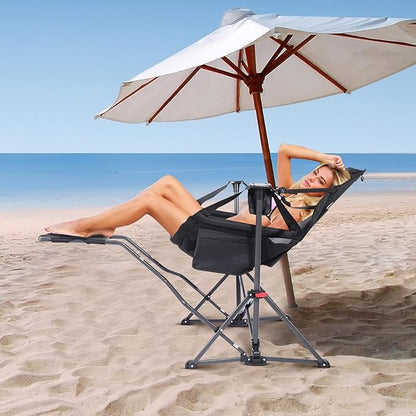 Nice C Hammock Camping Chair, Camping Chair Rocker, Swinging Chair, High Back with Stand, Cup Holder, Side Pocket, Heavy Duty (1, Black w/footrest)