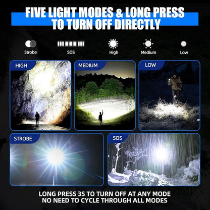 LED Flashlight with High Lumens, Super Bright Tactical Flashlight, High Powered Handheld Flashlight with 5 Modes for Emergency Camping Fishing Hiking, IPX67 Waterproof, Zoomable, Black