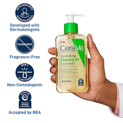CeraVe Hydrating Foaming Oil Cleanser, Moisturizing Cleanser for Face & Body, Squalane Oil + Hyaluronic Acid + Ceramides, For Dry to Very Dry Skin, Fragrance Free & Residue Free, 8 FL Oz