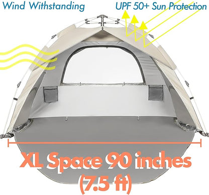 Beach Tent Pop Up Beach Sun Shade Tent with UPF 50+ UV Protection, Removable Floor Zippered Privacy & Ventilation Sun Shelter Family 3 to 4 Person