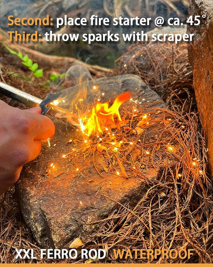 YUNFIRE Fire Starter-5" x 1/2" Thick Ferro Rod with Multi-Tool Striker & Type 550 Paracord, 25,000+ Strikes, Drilled Flint Fire Steel for Emergency Survival, Camping, Hiking