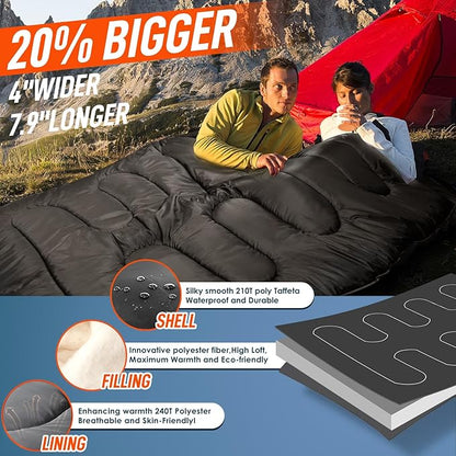 MEREZA Double Sleeping Bag for Adults Mens with Pillow, XL Queen Size Two Person Sleeping Bag for All Season Camping Hiking Backpacking 2 Person Sleeping Bags for Cold Weather & Warm
