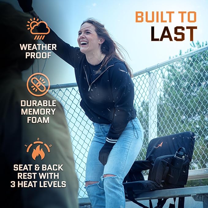 Aceletiqs Double Heated Stadium Bleacher Seat, 20-Inch Wide, Foam, Foldable, Cup Holders, Arm Rest, Reclining, Adjustable Backrest