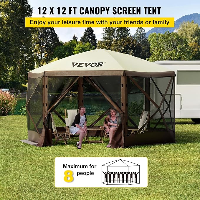 VEVOR 12x12ft Pop Up Gazebo Tent with Privacy Panels, Mosquito Netting & Removable Wind Cloths, 6-Sided Outdoor Canopy for Patio