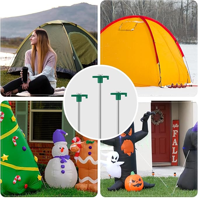 Aodaer 12 Pack Tent Stakes Heavy Duty Tent Pegs 10.25 Inch Non-Rust Metal Yard Stakes with 4x10ft Ropes and Storage Bag Inflatable Stakes for Gardening & Canopies, Camping Halloween Christmas, Green