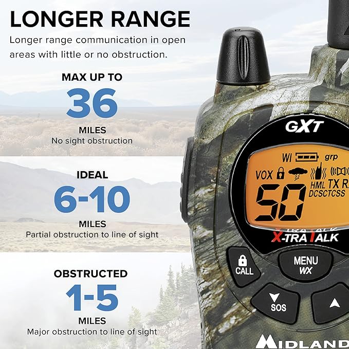 Midland – Handheld GMRS 50 Channel Two-Way Radio - Long Range Walkie Talkies with Rechargeable Batteries - GXT1050VP4 - Hiking Hunting Camping Gear – Boom Mic headsets - Mossy Oak Camo – Combo 2 Pack