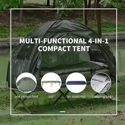 Outsunny Multifunctional Folding Camping Cots for Adults, Elevated Tent with Sleeping Bag, Thick Air Mattress Pad, Portable Single Sleeping Cot Camping Bed