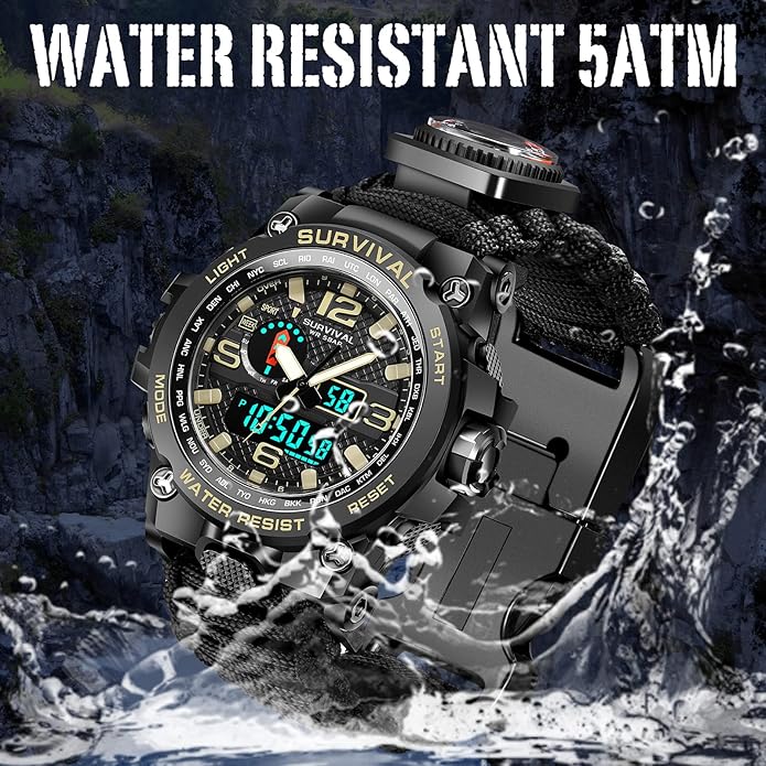 23-in-1 Military Tactical Watch for Men, Multifunctional Outdoors Waterproof Survival Watches with Compass Whistle Fire Starter and Thermometer, Paracord Watch Bracelets with Outdoor Army Gear…