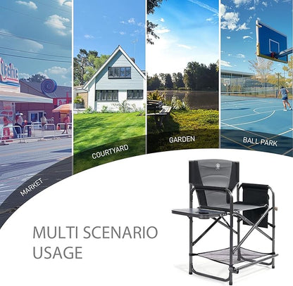 EVER ADVANCED 2 Piece Medium Tall Directors Chair Foldable Makeup Artist Chair Bar Height with Side Table Cup Holder and Pocket Footrest, Supports 400LBS Grey, Seat Height: 23.2 inches