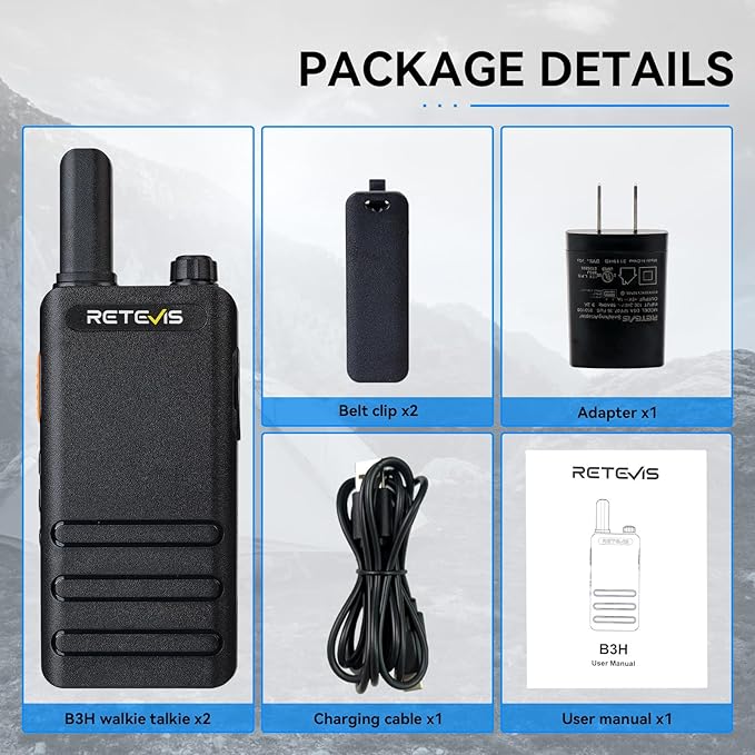 Retevis B3H Portable FRS Two-Way Radios,New Version of RT22(3.0),Rechargeable Walkie Talkies for Adults,Channel Display,Fashion Ultra-Thin, Handsfree 2 Way Radios for Camping Hiking Hunting(2 Pack)