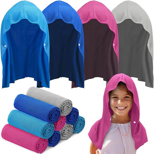 Hosuly 12 Pack Kids Mini Cooling Hoodie Towels Breathable Soft Absorbent Hooded Chilly Towel for Neck and Face Quick Drying UV Sun Protection Cooling Neck Wraps for Sport Workout Camping(Bright)