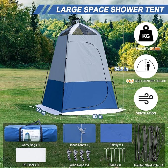 Camping Shower Tent, 7.9 FT Extra Tall Oversize Privacy Tent, Portable Outdoor Bathroom Toilet Tent with Floor, Easy Set Up Privacy Shelter for Dressing, Hiking, Fishing, UPF50+