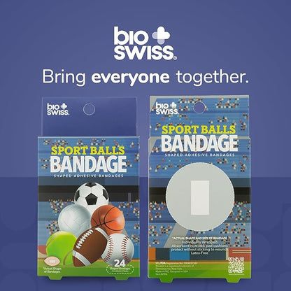 BioSwiss Bandages, Sports Balls Shaped Self Adhesive Bandage, Latex Free Sterile Wound Care, Fun First Aid Kit Supplies for Kids and Adults, 24 Count