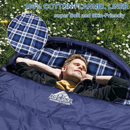 AGEMORE Cotton Flannel Sleeping Bag for Adults, Lightweight XXL Cotton Sleeping Bag for Camping Backpacking or Hiking, Water Resistant 3-4 Season Sleeping bag for Warm & Cool Weather
