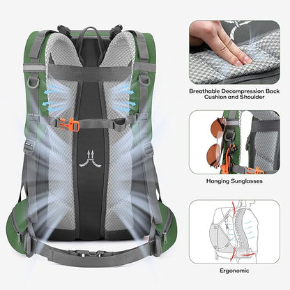 Maelstrom Hiking Backpack,Camping Backpack,40L Waterproof Hiking Daypack with Rain Cover,Lightweight Travel Backpack,Green