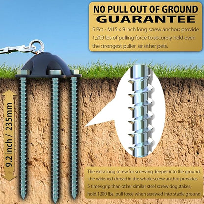 360° Swivel Dog Tie Out Anchor Stake With 5 Screw Anchors - Holds 1200lbs, Great for Dogs Up to 150lbs - Yard Leash and Anchor With Lifetime Replacement
