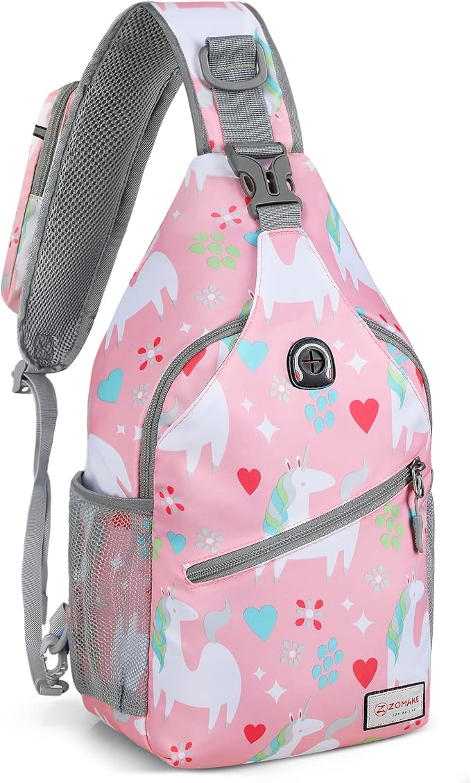 ZOMAKE Sling Bag for Women Men, Small Crossbody Sling Backpack, Mini Water Resistant Shoulder Daypack for Travel, Anti Thief Chest Bag for Hiking, Sports(Unicorn Pink)
