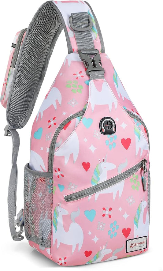 ZOMAKE Sling Bag for Women Men, Small Crossbody Sling Backpack, Mini Water Resistant Shoulder Daypack for Travel, Anti Thief Chest Bag for Hiking, Sports(Unicorn Pink)