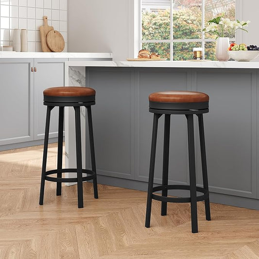 IDEALHOUSE 30'' Swivel Bar Stools Set of 2 with Footrest, Modern Counter Height Barstools with PU Leather Upholstered and Metal Frame, Backless Round Bar Stools for Kitchen Island, Brown