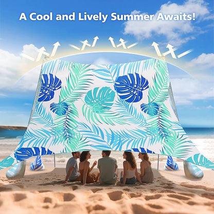2PM SPORTS Beach Tent Canopy with UPF50+ UV Protection, Outdoor Large Beach Sun Shade Shelter for Family Picnic Camping Travel Shore Fishing, 8 Sandbags, Sand Shovel (Leaf, 8x8 FT)