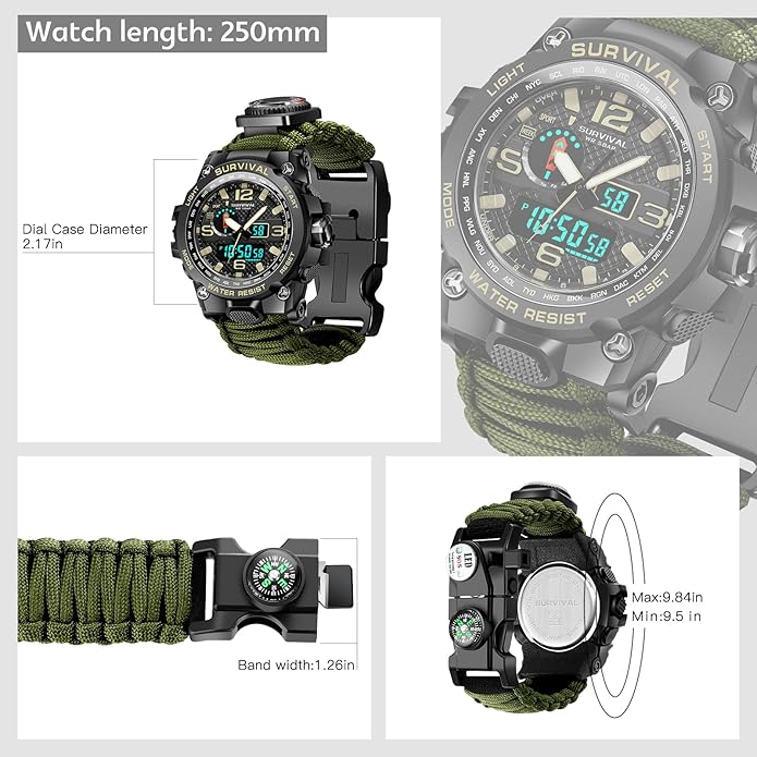 Kavie 23-in-1 Military Tactical Watch for Men, Multifunctional Outdoors Waterproof Survival Watches with Compass Whistle Fire Starter and Thermometer, Paracord Watch Bracelets with Outdoor Army Gear