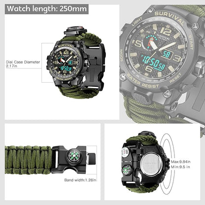 Kavie 23-in-1 Military Tactical Watch for Men, Multifunctional Outdoors Waterproof Survival Watches with Compass Whistle Fire Starter and Thermometer, Paracord Watch Bracelets with Outdoor Army Gear