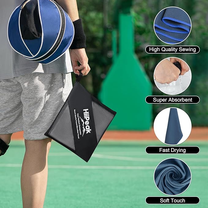 Hiipeak Microfiber Towel, 2 Pack Quick Dry Towel Travel Camping Towel Super Absorbent & Lightweight for Camping, Beach, Sports, Gym, Backpacking, Hiking and Yoga NavyBlue & LightGray, 63*32" + 32*16"
