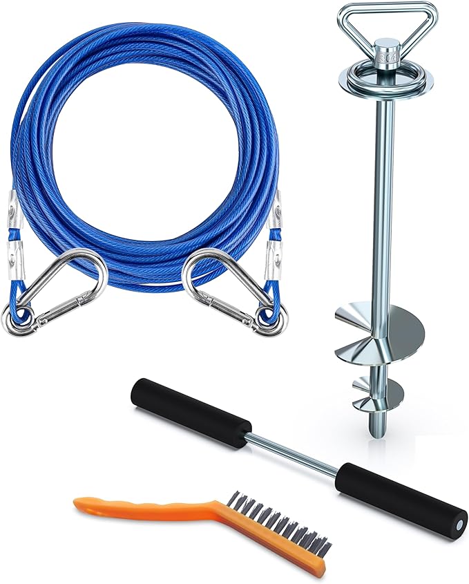 Dog Tie Out Cable and Stake,with 45FT Heavy Duty Cable,Dog Stake Allows Dogs Up to 200 lbs, Dog Stakes for Outside Beach,Camping, Yard, 360° Swivel Dog Anchor…