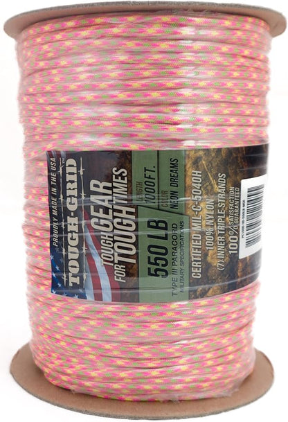 TOUGH-GRID Premium 550lb Paracord Rope - 1000Ft White - 100% Nylon Type III Mil-Spec - UV & Abrasion Resistant - Heavy Duty Strands - Outdoor Survival Rope - Used by US Military - Made in USA