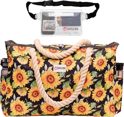 SHYLERO Beach Bag and Pool Bag. Has Airtight Pouch, Ton of Pockets. Beach Tote is Zippered, Water Resistant. Family Size