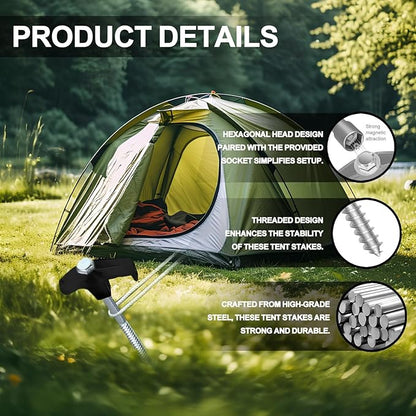 12 Pack Screw in Tent Stakes Heavy Duty,8 Inch Ground Anchors Screw in,Metal Stakes with Hex Head Driver,Camping Tent Accessories.(Black)