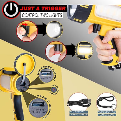 BIGSUN Rechargeable Spotlight Flashlight, 10000mAh Battery, 6 Modes, Waterproof Handheld Flashlight for Camping, Hiking, Fishing