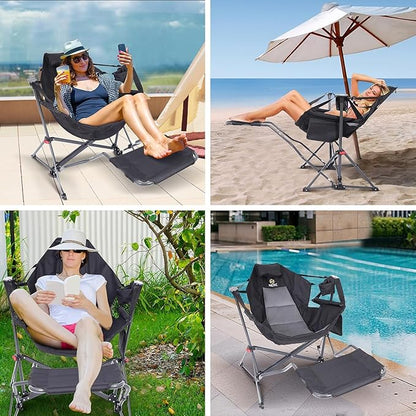 Nice C Hammock Camping Chair, Camping Chair Rocker, Swinging Chair, High Back with Stand, Cup Holder, Side Pocket, Heavy Duty (2, Black w/footrest)