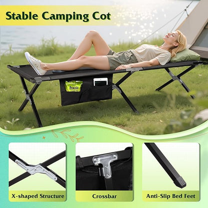 WLIVE Military Camping Cot, Portable Folding Cots for Sleeping with Carry Bag, Outdoor Camping Bed for Adults with Side Pocket, Support 300 Lbs, Black